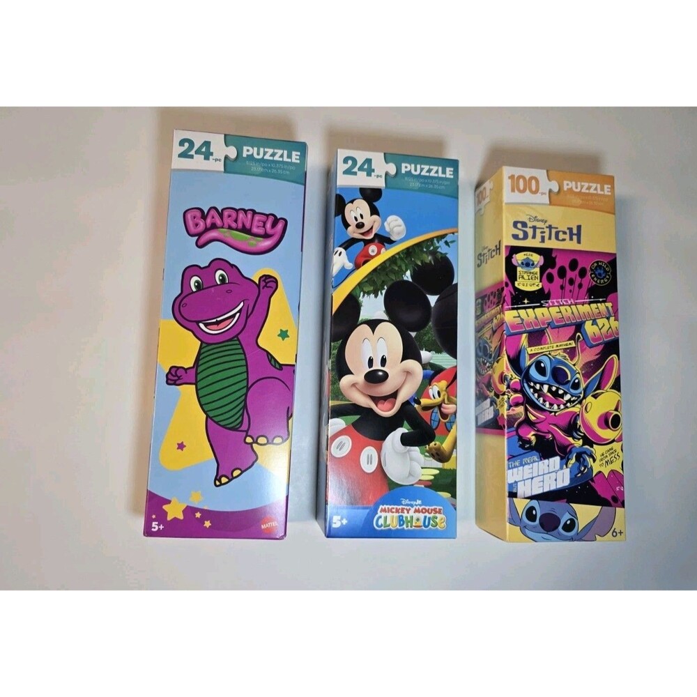 Kids Puzzle Bundle Lot 3 Barney Mickey Mouse Stitch 24 & 100 Piece New Sealed